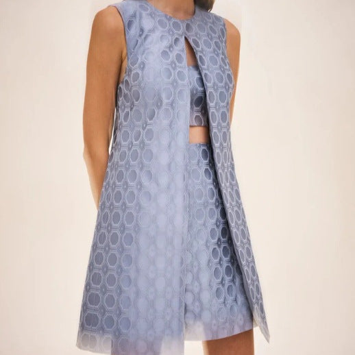 Dame nan Jacquard-til-del med ærmeløs lang vest og figursyet bustier-minikjole Skovae