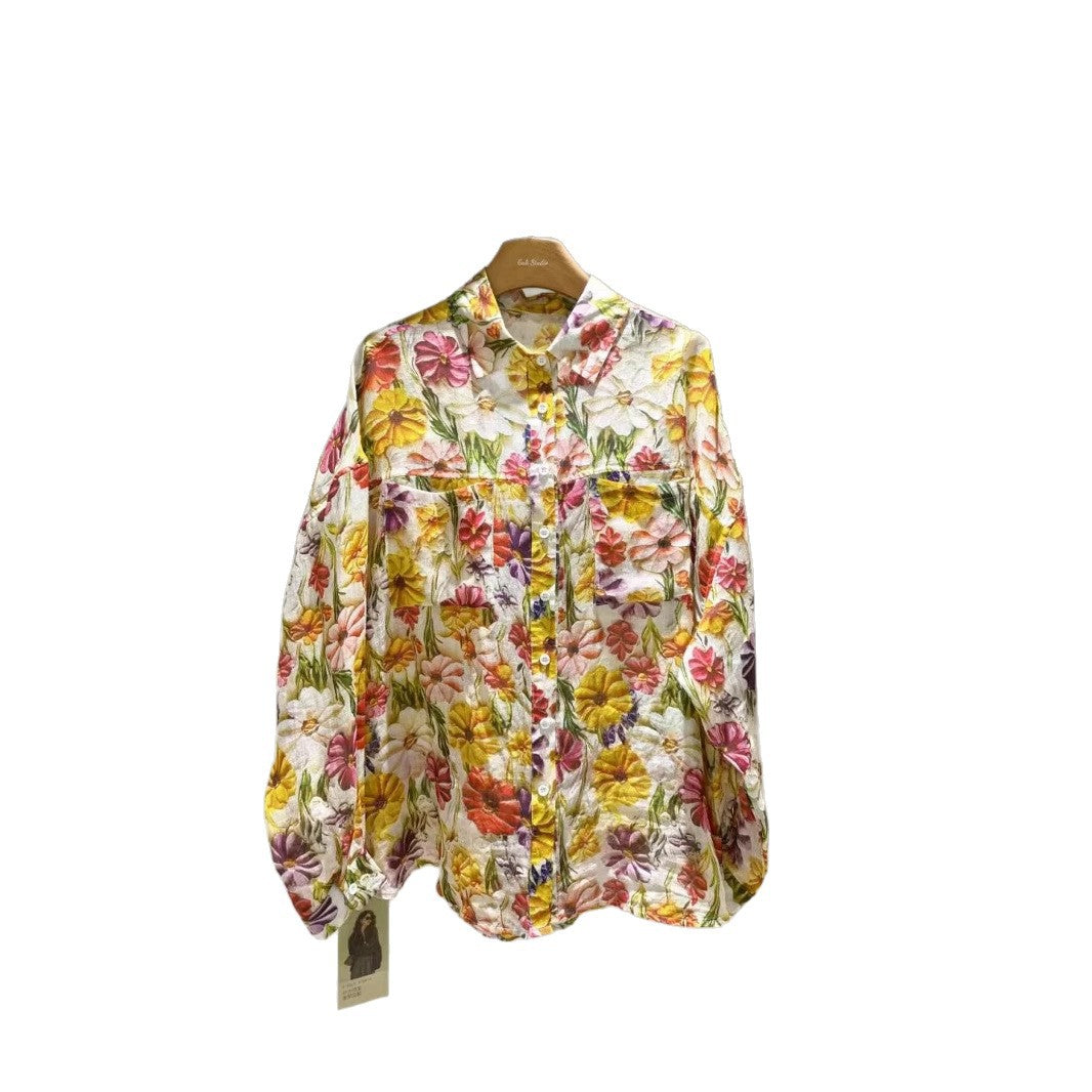 Dame Floral Print Tekstureret Knappet Skjorte Stilla