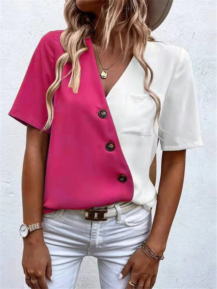 Dame asymmetrisk Button-Up top med kontraststoffer og brystlomme Stilla