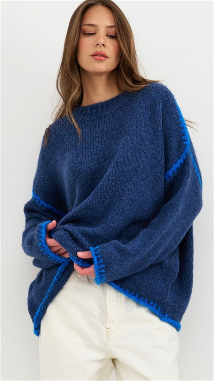 Kvinders afslappede strik sweater med farveaccentueret kant Stilla