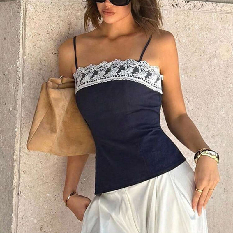 Damen Spaghetti-Träger Top mit elegantem Spitzenrand Skovae