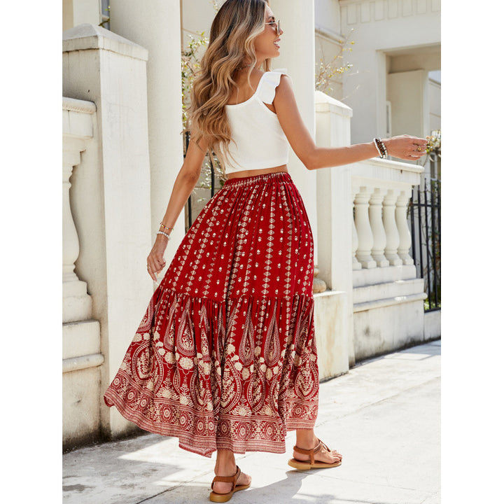Dame Bohemian Stil Maxi Nederdel med elastisk Talje og kompliceret Tryk Stilla