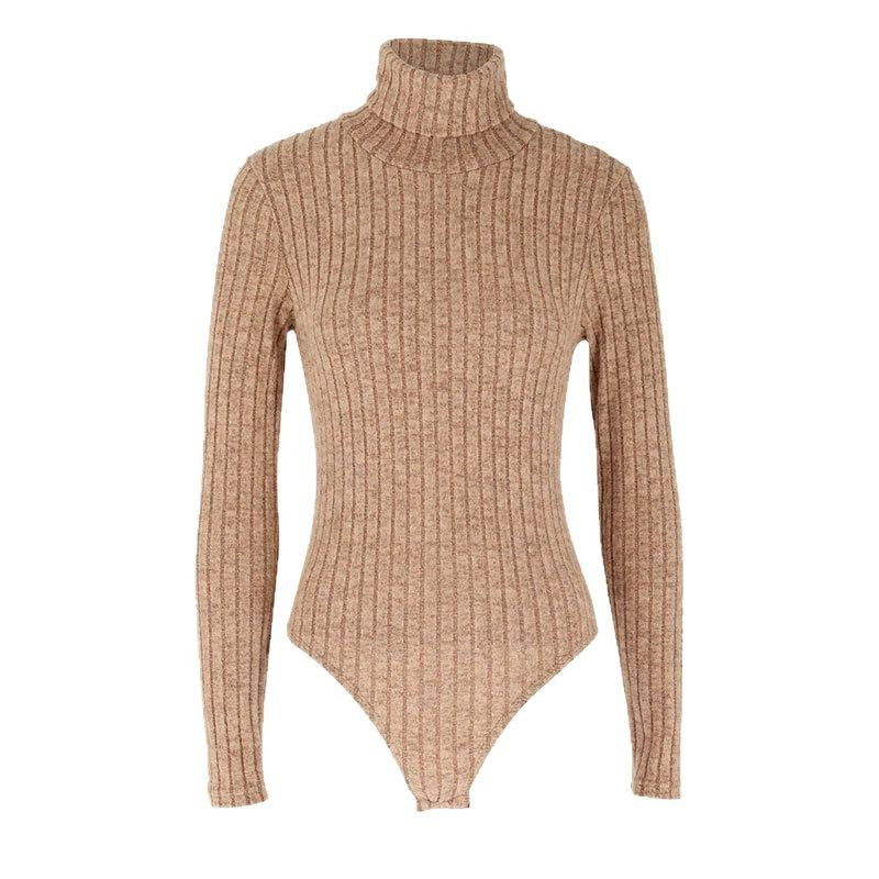 Dame Langærmet bodysuit med høj krave og fint ribmønster Skovae