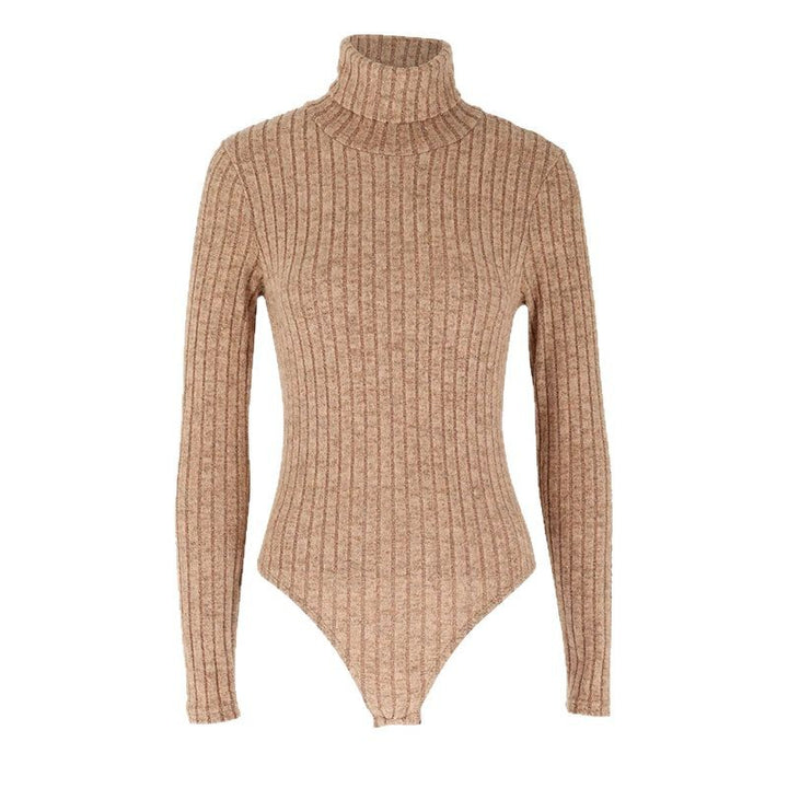 Dame Langærmet bodysuit med høj krave og fint ribmønster Skovae