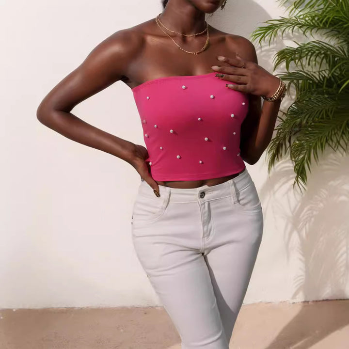 Dame bandeau-top med elegante perleapplikationer Skovae