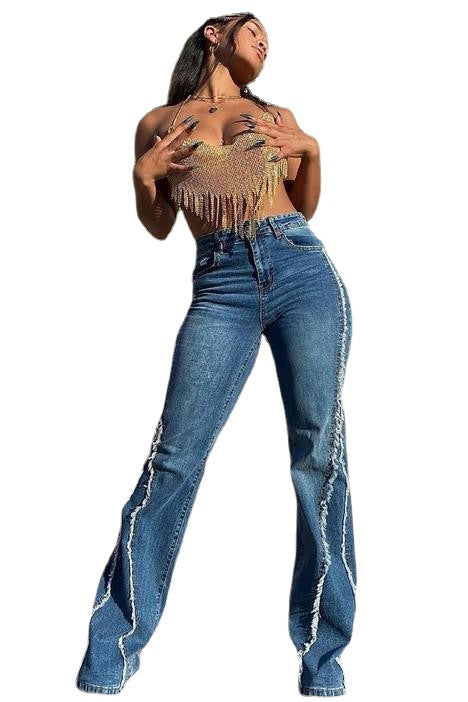 Dame Flared Jeans med frynsede kanter og sidelister Stilla
