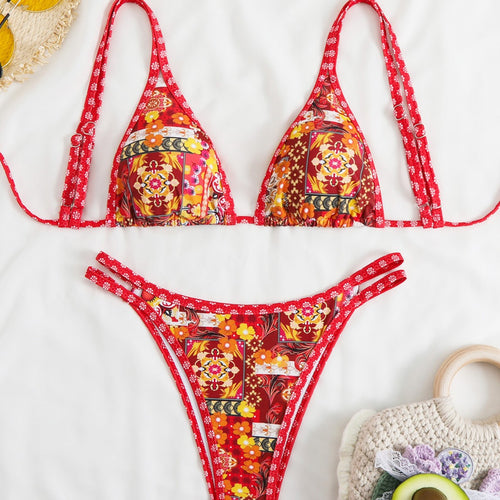 Dame Triangel-Bikini-Sæt med justerbare stropper og blomstret mønster Skovae