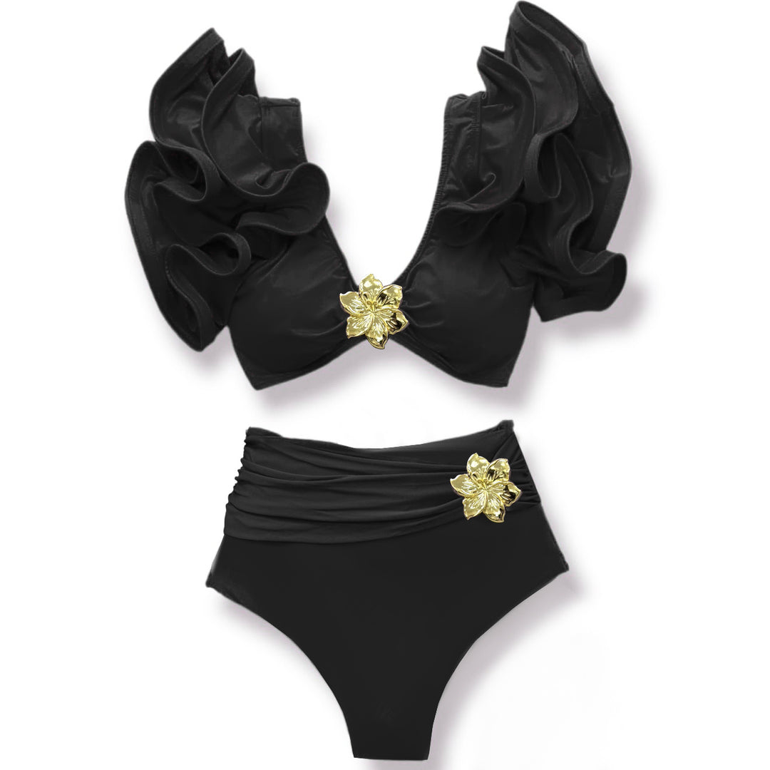 Dame Bikini-sæt med elegante volangdetaljer og charmerende blomstapplikationer Stilla