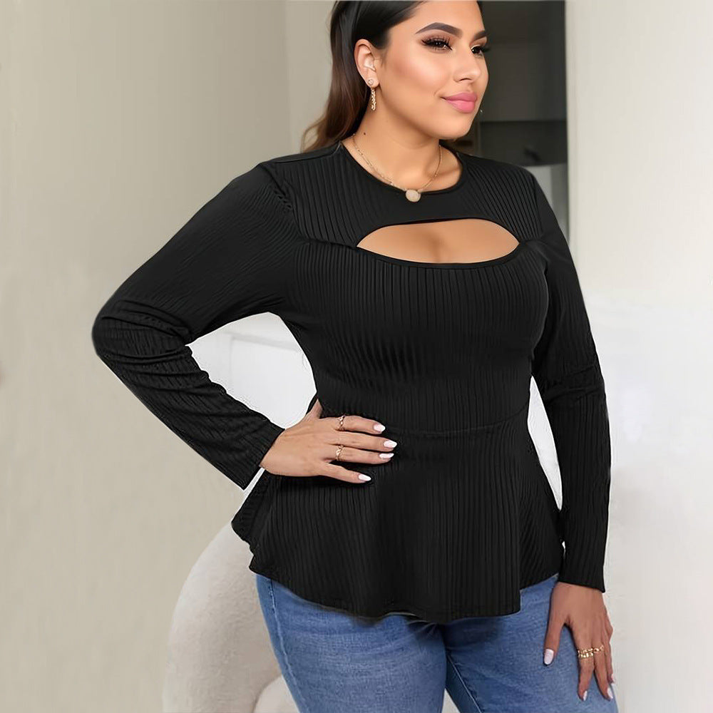 Dame Elegant Langærmet Top med smart Cut-Out og svungent Kant Stilla