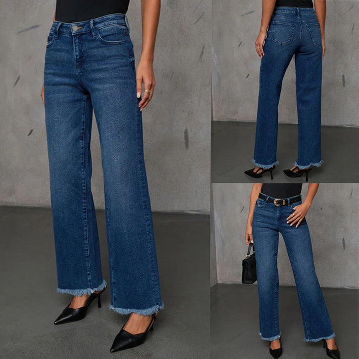 Damehøjt skårne jeans med frynset kant Stilla