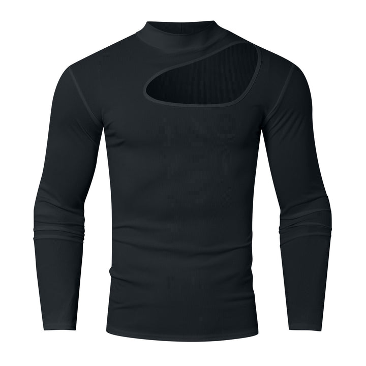 Dame med en tætsiddende langærmet top lavet af fin rib jersey med asymmetrisk skulderudskæring og høj krave Skovae