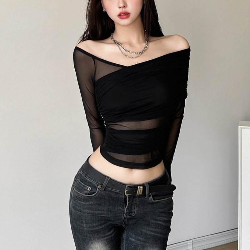 Dame Elegant Transparent Top med asymmetrisk snit og lange ærmer Stilla