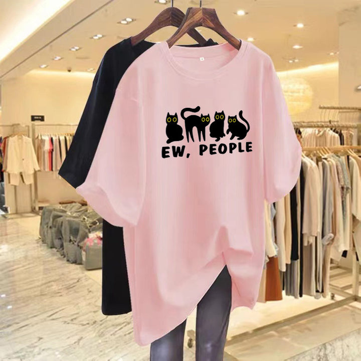Dame T-shirt med humoristisk katte-design og casual pasform Stilla