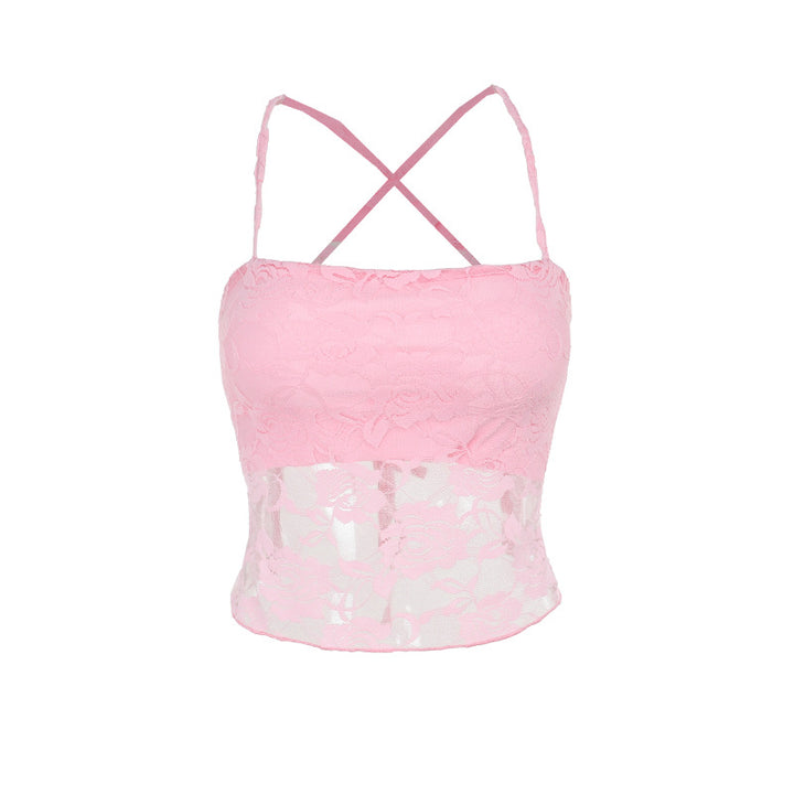 Dame spids crop top med justerbare spaghetti stropper og blomster mønster Skovae