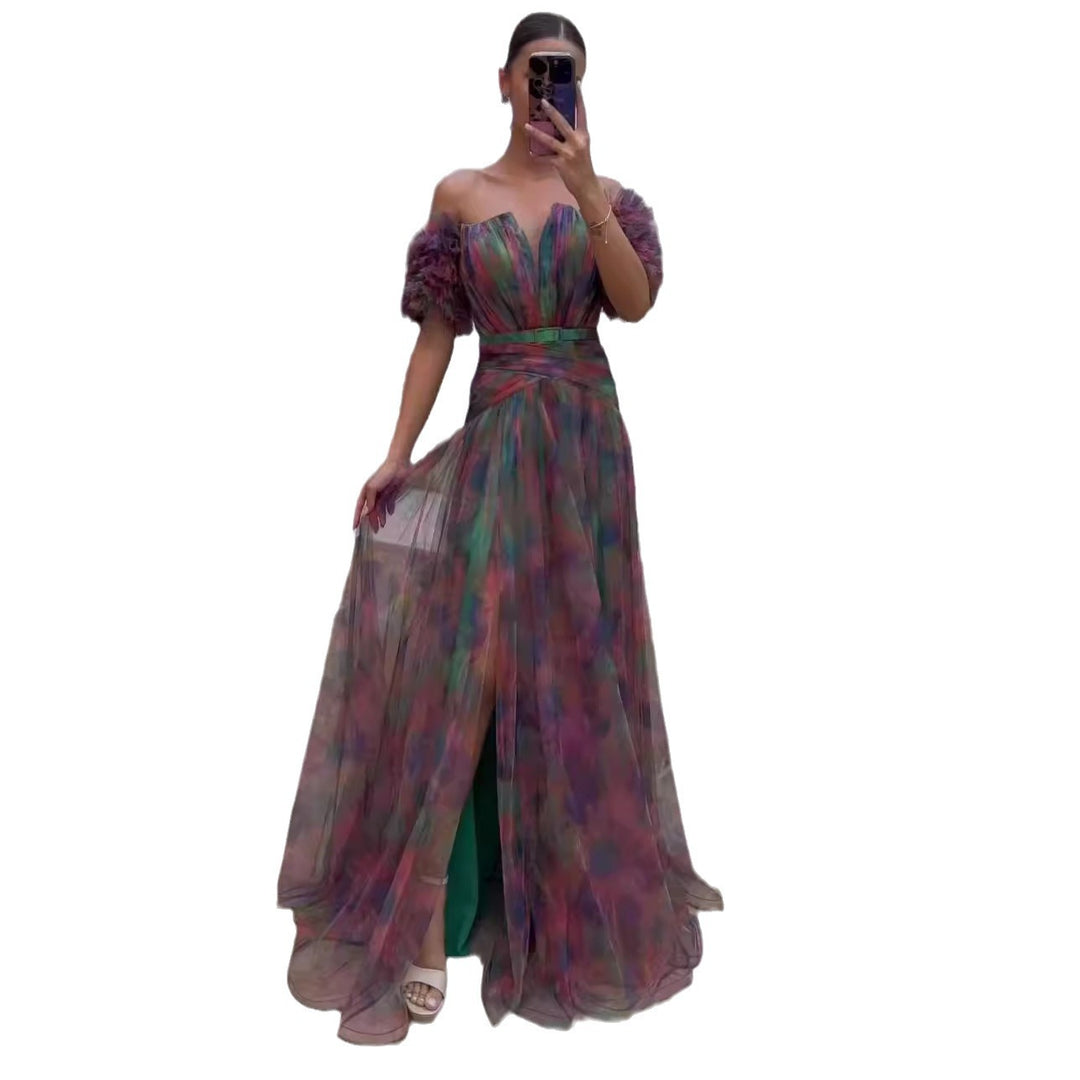 Dame Elegant Maxi Kjole med Off-Shoulder Design og Farverige Flæse Detaljer