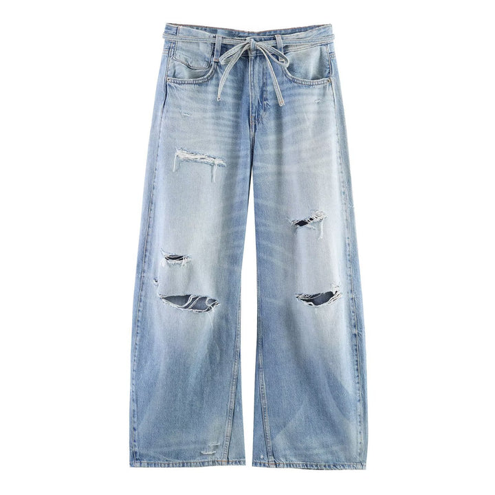 Dame bred jeans i destroyed-look med justerbar talje Skovae