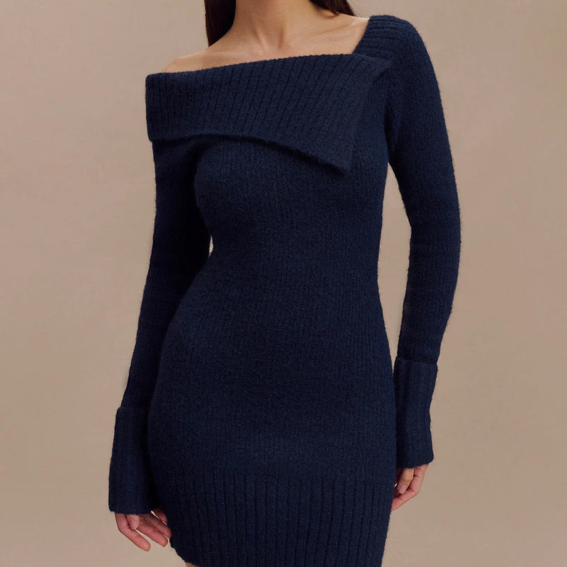 Dame Off-Shoulder Strikkjole med Ripstruktur og Lang Arm Stilla