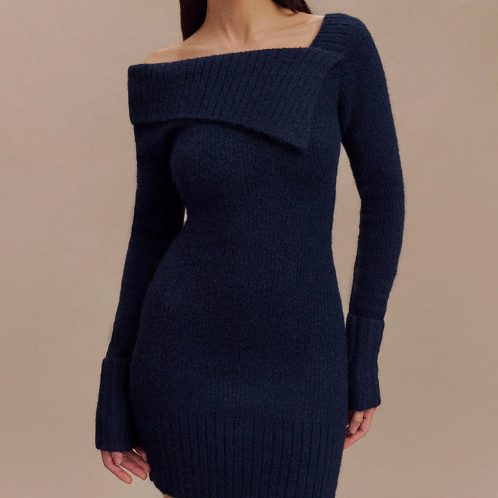 Dame Off-Shoulder Strikkjole med Ripstruktur og Lang Arm Stilla