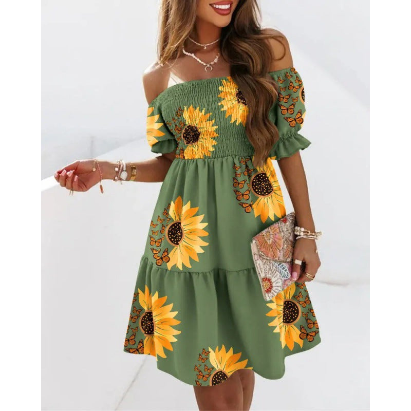 Dame Off-Shoulder Floral Lagdelt Kjole Stilla