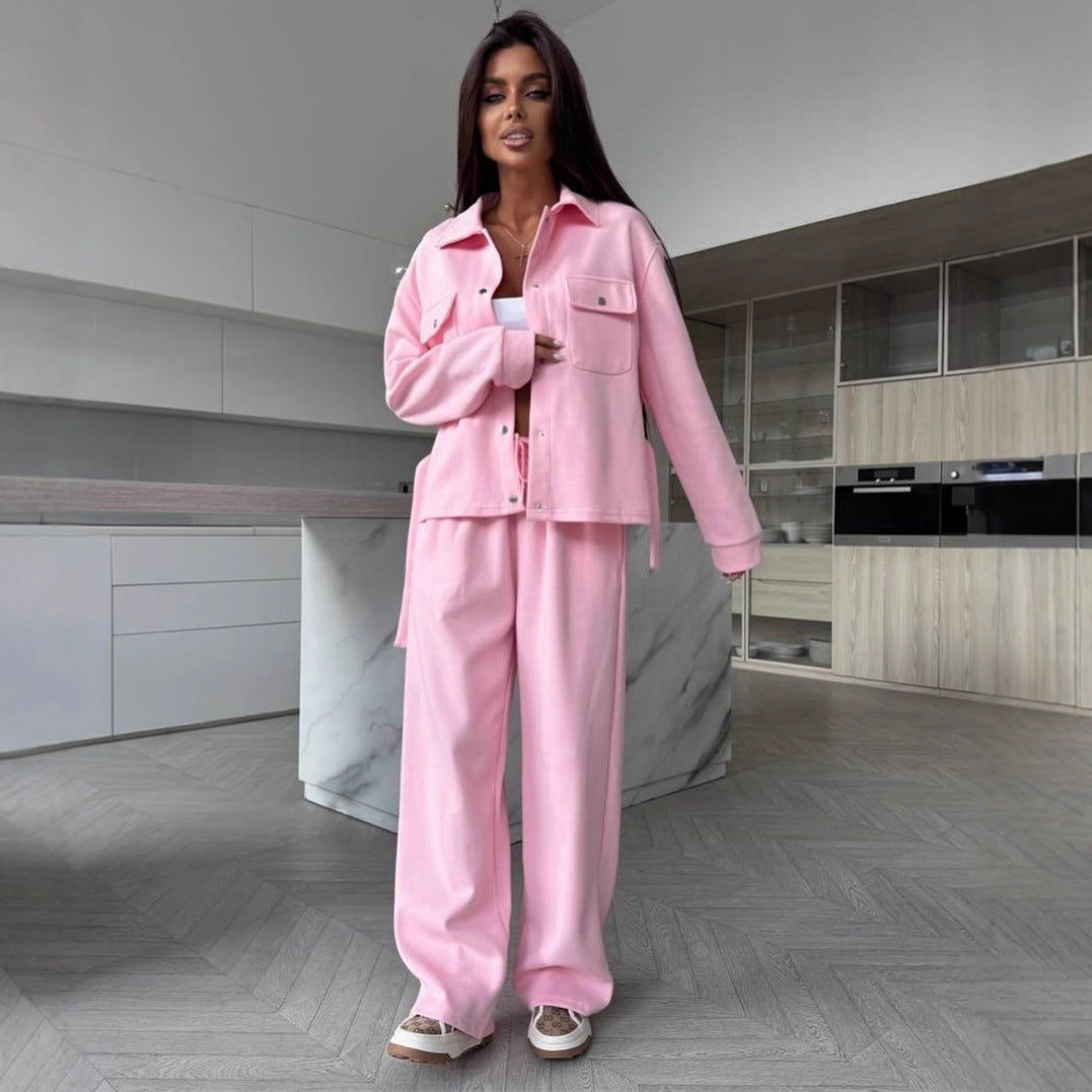 Kvinder Elegant Loungewear Sæt med Casual Jakke og Brede Bukser Skovae