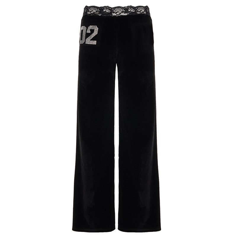 Damen elegante Flared-Hose aus weichem Material mit Spitzenbund und Glitzerakzenten Skovae