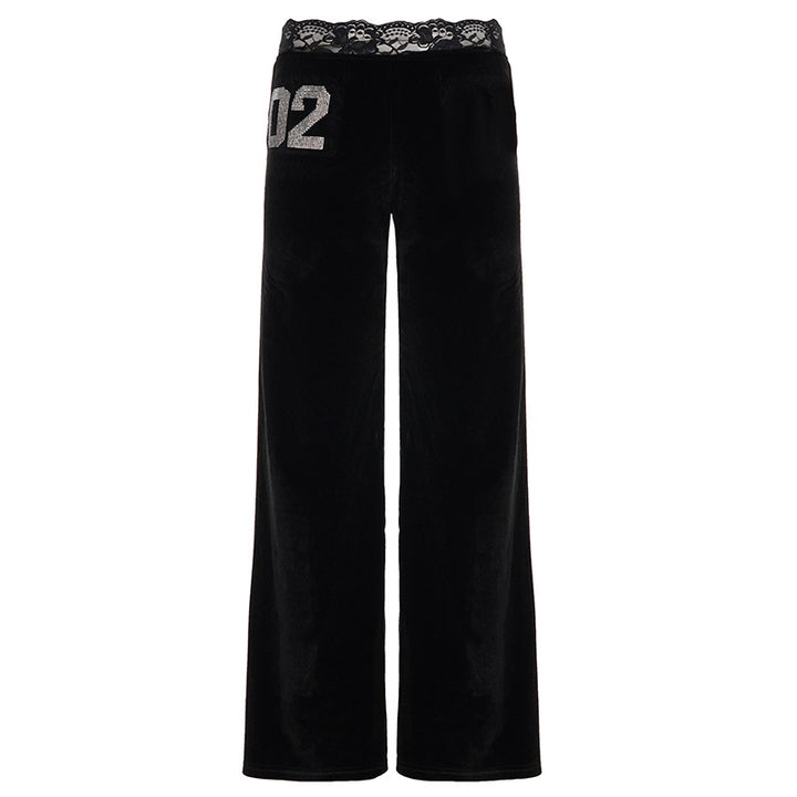 Damen elegante Flared-Hose aus weichem Material mit Spitzenbund und Glitzerakzenten Skovae