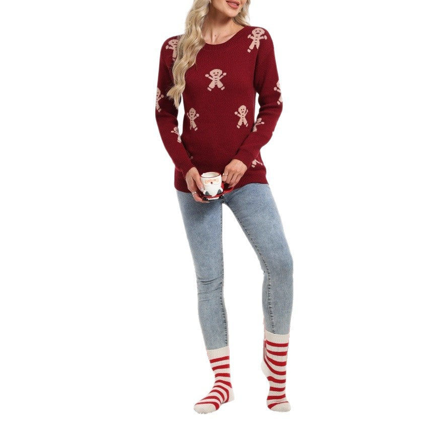 Kvindelig strikket sweater med festligt ingefærbrødsmotiv og løs pasform Stilla