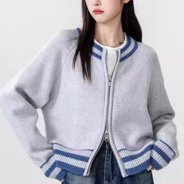 Kvinders sporty strik cardigan med lynlås og stribet manchet Stilla