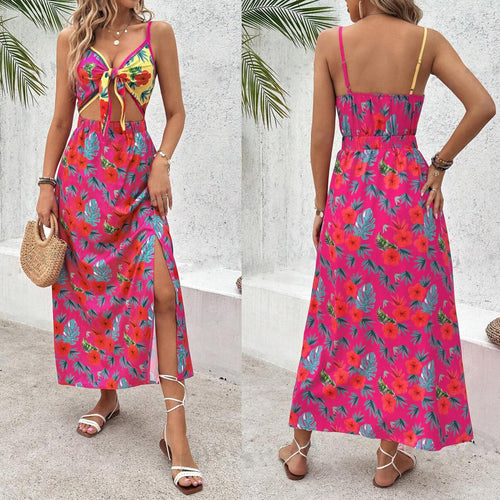 Dame Boho Maxikjole med floralt design og dyb slids Stilla