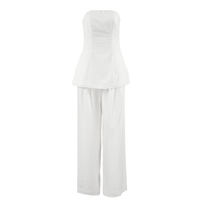 Dame linned top og brede bukser med elegant snit Stilla