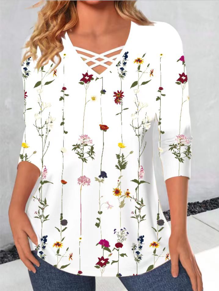 Dame langærmet skjorte med blomsterprint og V-udskæring Stilla