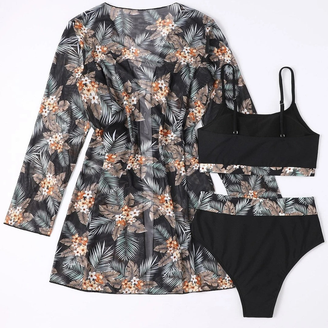 Dame bikinisæt med floral kimono og høj talje Stilla