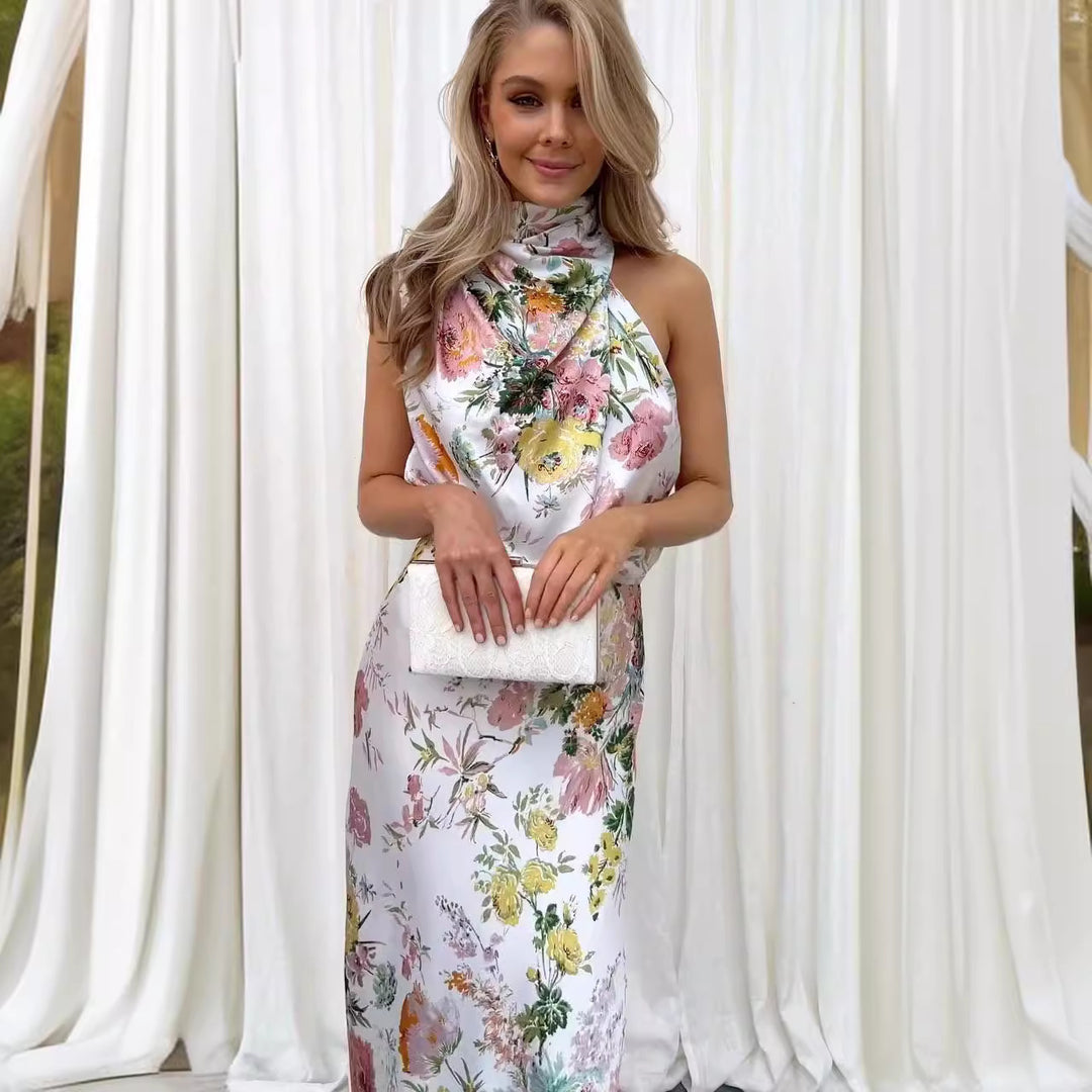 Dame Midi-kjole med elegant indpakningskrave og blomsterdesign Stilla