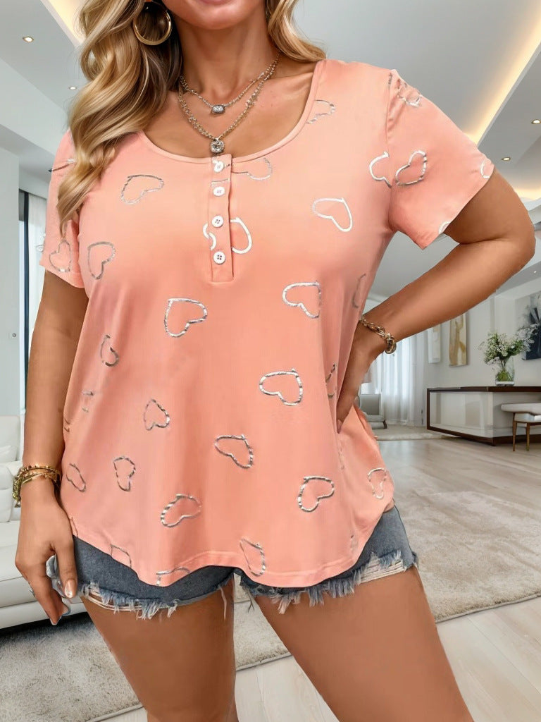 Dame T-shirt med romantisk hjerte-design og knapliste Stilla