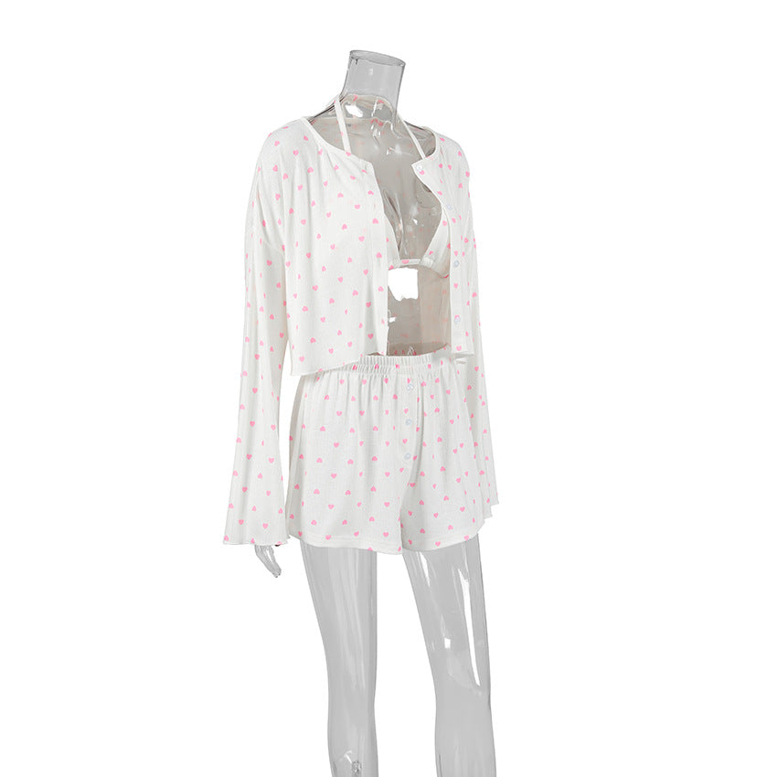 Dame Pyjama sæt med hjerteformet mønster og afslappet kimono overdel Stilla