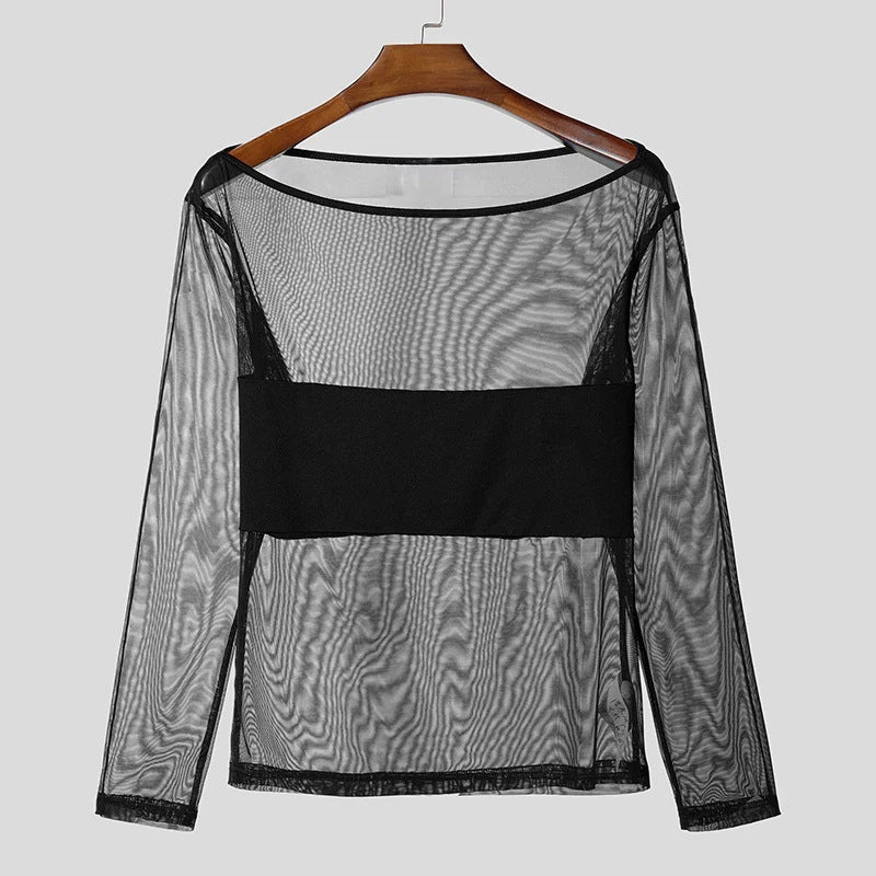 Dame nan transparent mesh langærmet top med tætsiddende brystbånd og bred rund halsudskæring Skovae