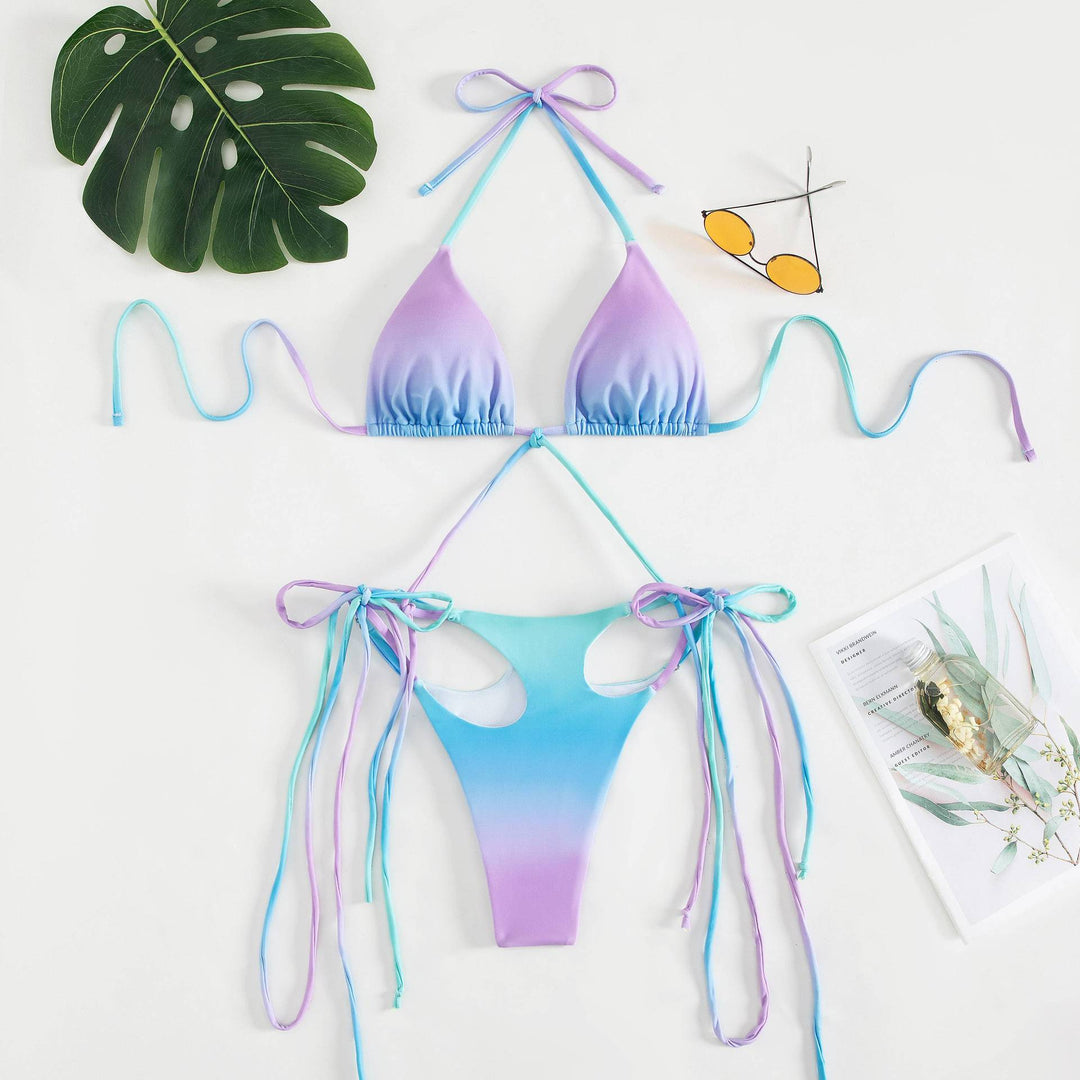 Damer triangle-bikini med stilfulde bindebånd og unik farvegradient skovae