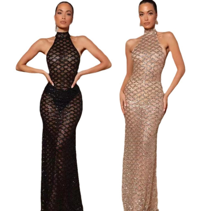 Damer Elegant Aftenkjole i Bodycon Stil med Skinnerende Paillet Trim Skovae