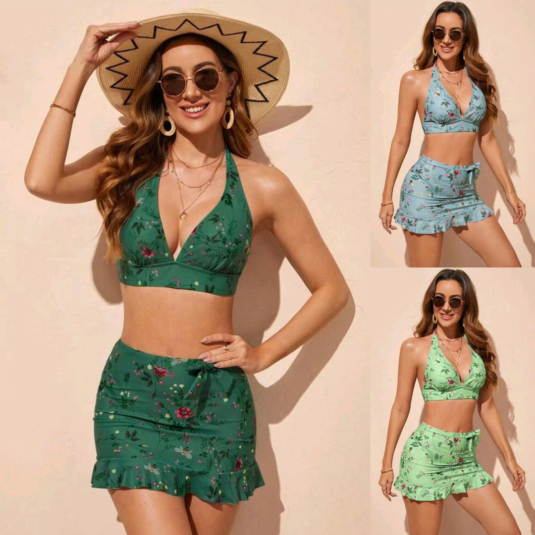 Dame Floral Print Bikini-sæt med indpakningsskørt Skovae