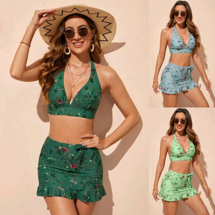 Dame Floral Print Bikini-sæt med indpakningsskørt Skovae