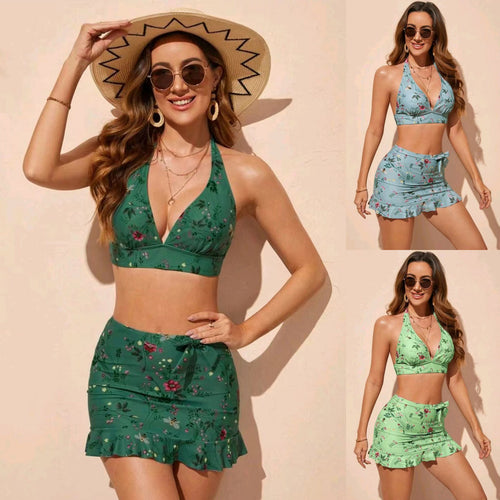 Dame Floral Print Bikini-sæt med indpakningsskørt Skovae