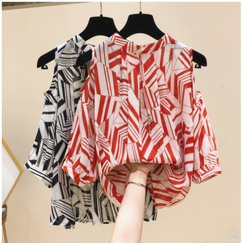 Dame Kold Skulder Geometrisk Tryk Bluse Stilla