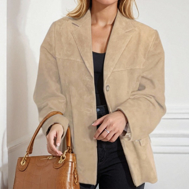 Dame Elegant Suede Jakke med Klassisk Snit og To Lommer Stilla