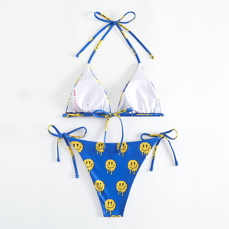 Dame triangel-bikini med glad smiley-mønster og justerbare bindebånd Skovae
