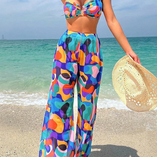 Dame Bohemian Print Bikini med flydende Cover-Up Bukser Stilla