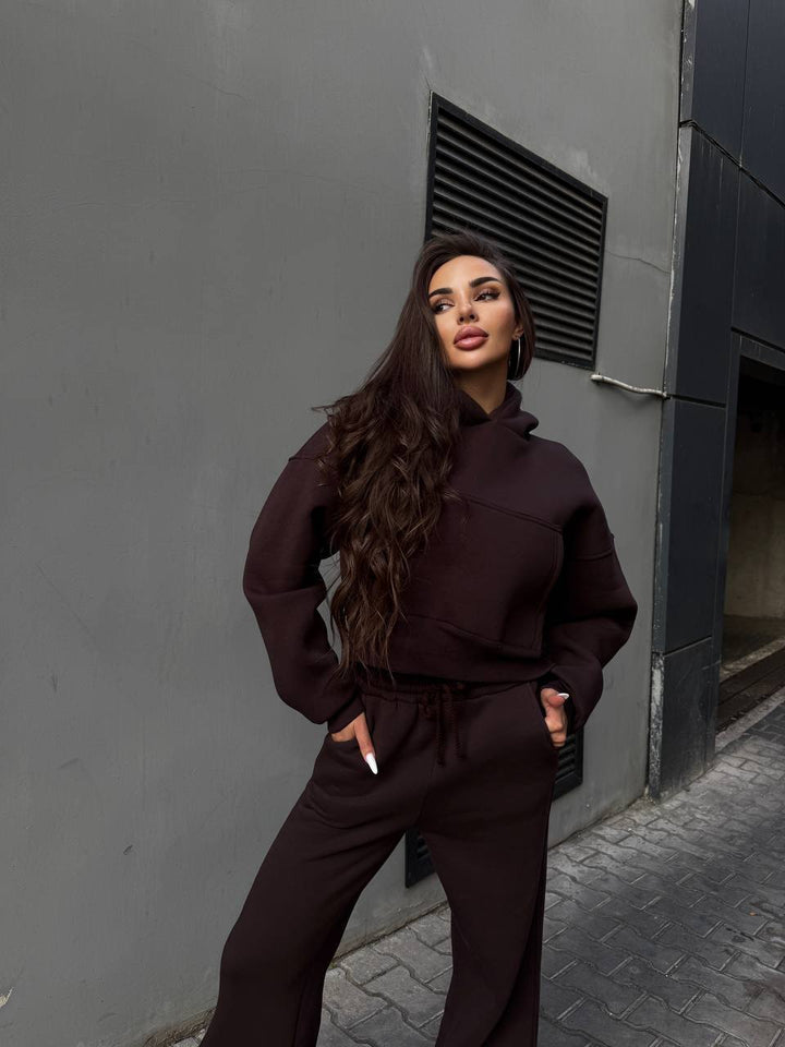 Kvinder casual cropped hoodie og bredsnit joggers sæt Skovae
