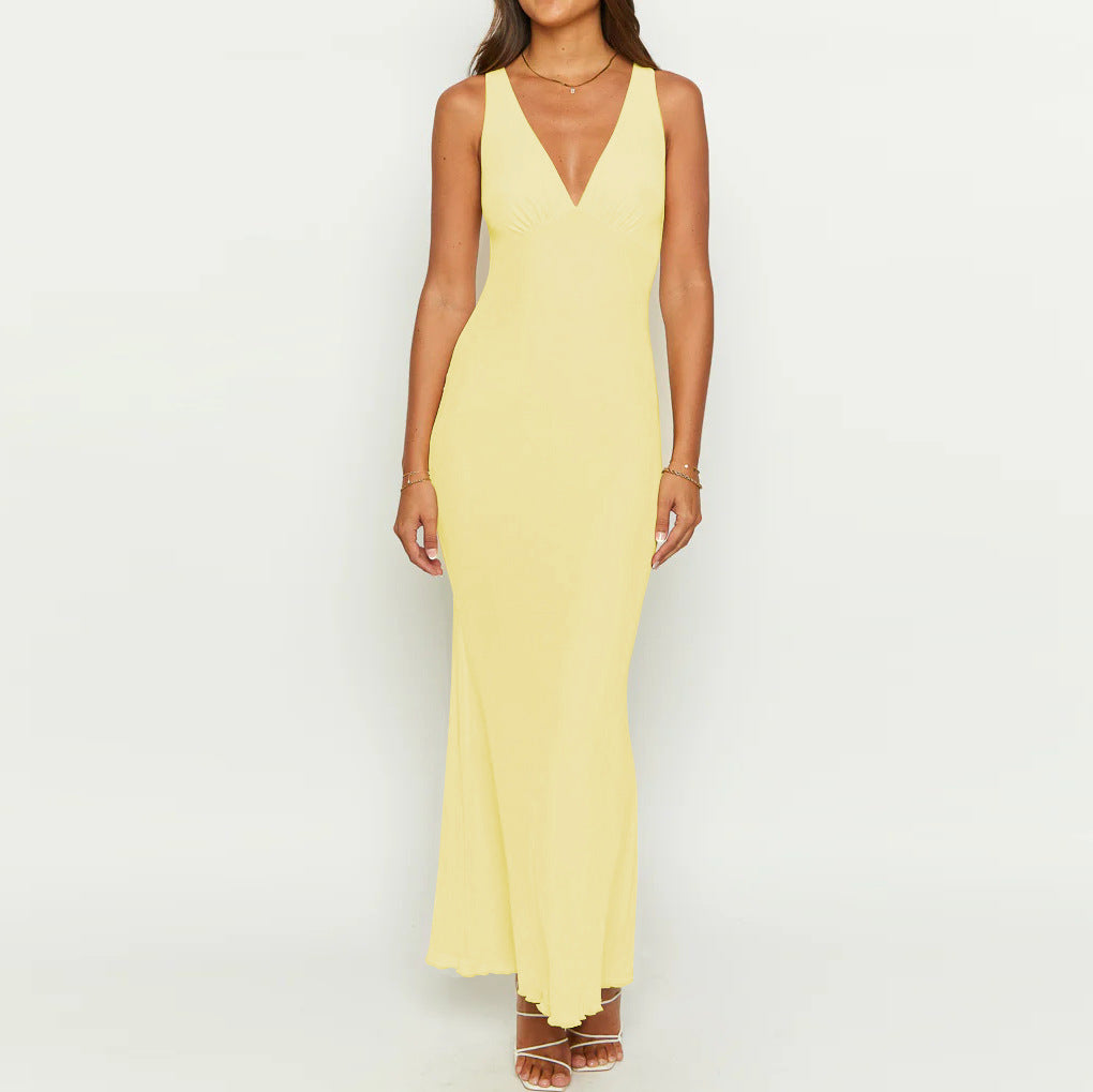 Dame elegant Maxi kjole med dyb V-hals og figursyet snit Stilla
