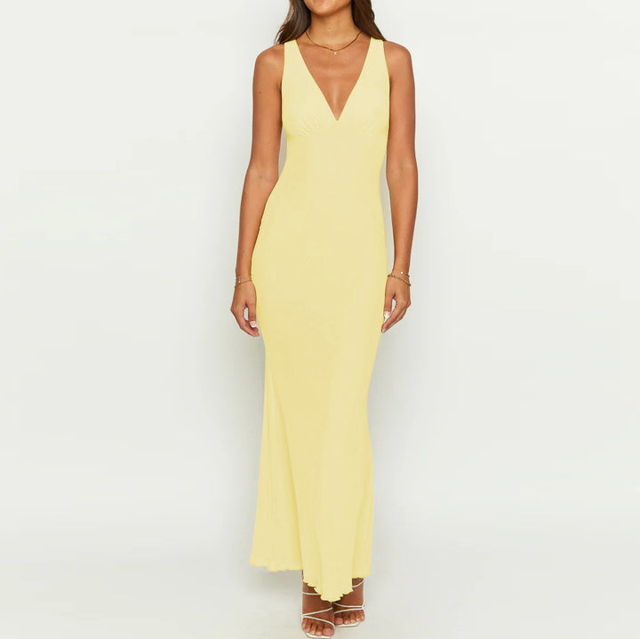 Dame elegant Maxi kjole med dyb V-hals og figursyet snit Stilla