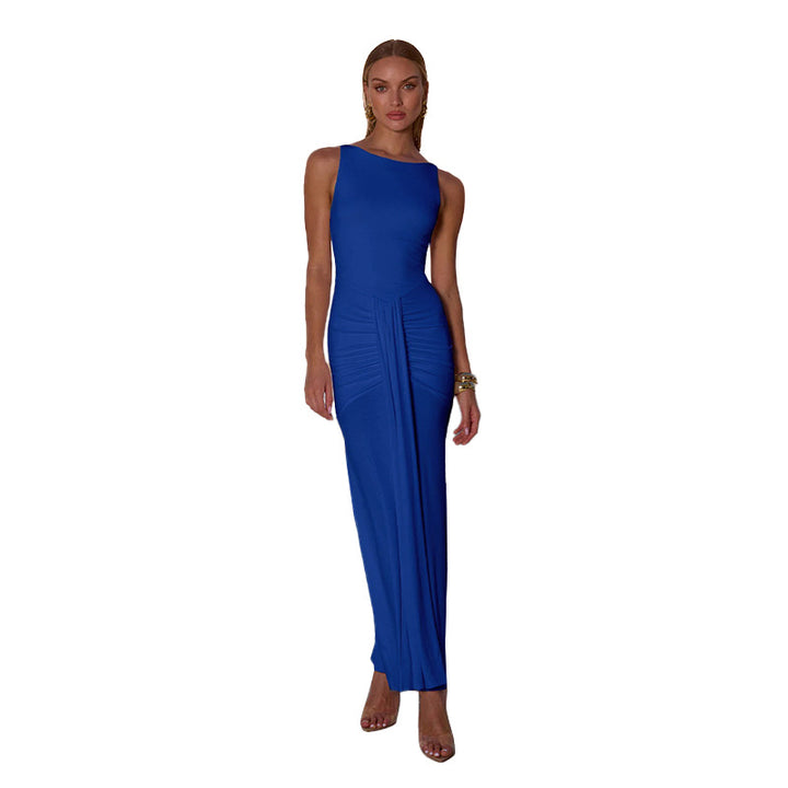 Dame elegant langærmet kjole med sofistikeret drapering og asymmetrisk design