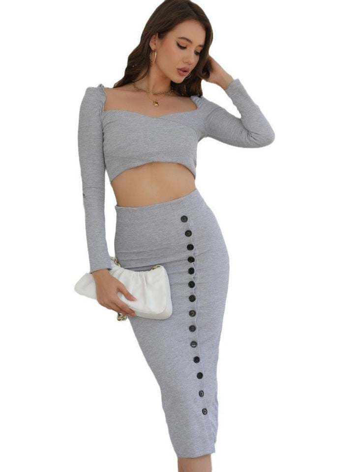 Dame Crop Top med knapdetalje og midi nederdel sæt Stilla